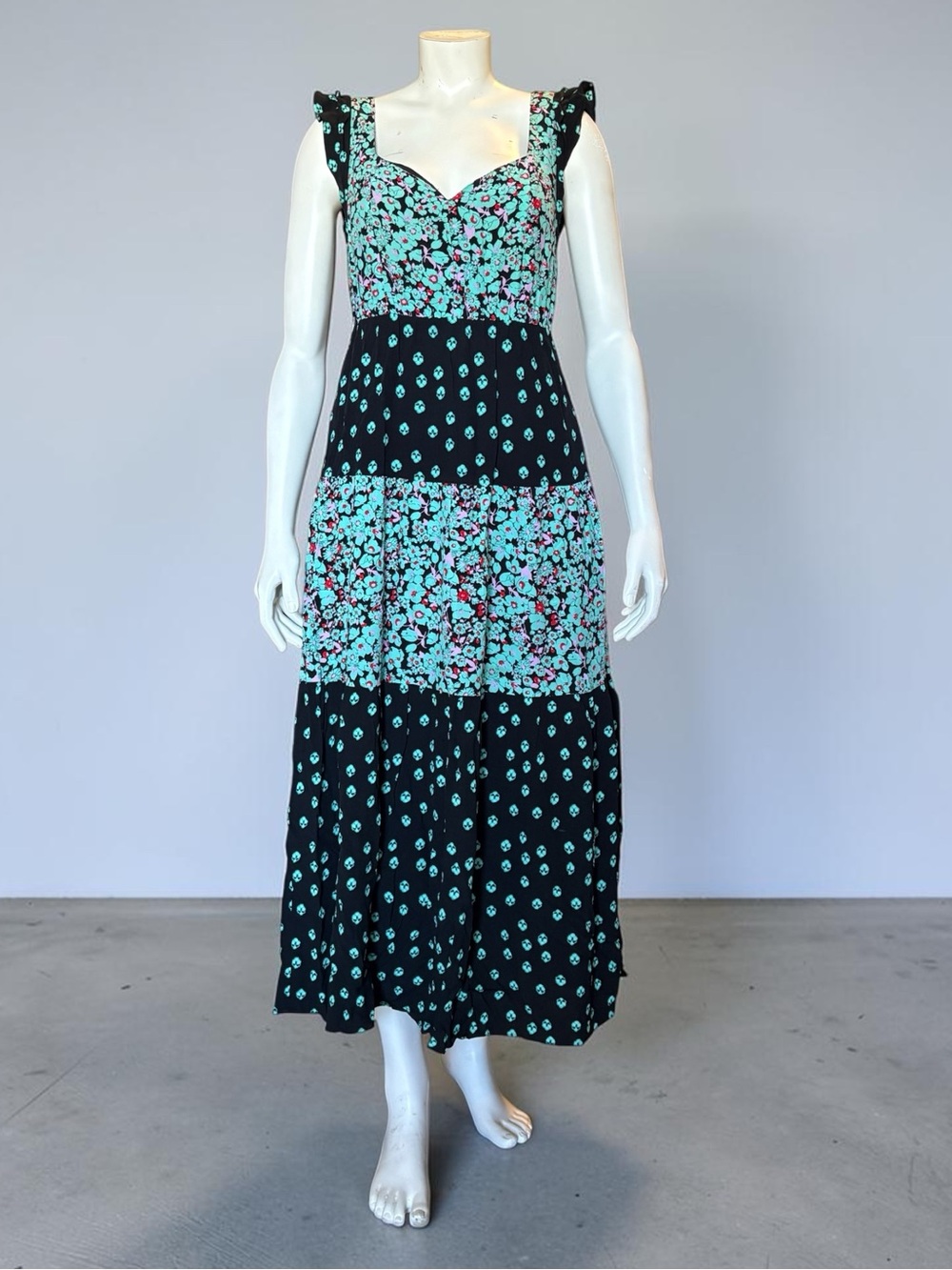 Maje Floral Patchwork Midi Dress Ruffle Strap Sweetheart Neck Size 1 / Small